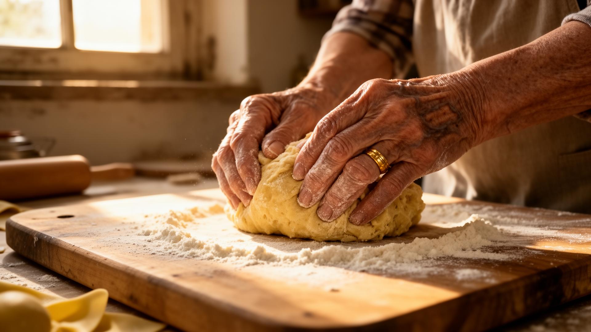 Hands kneading pasta dough